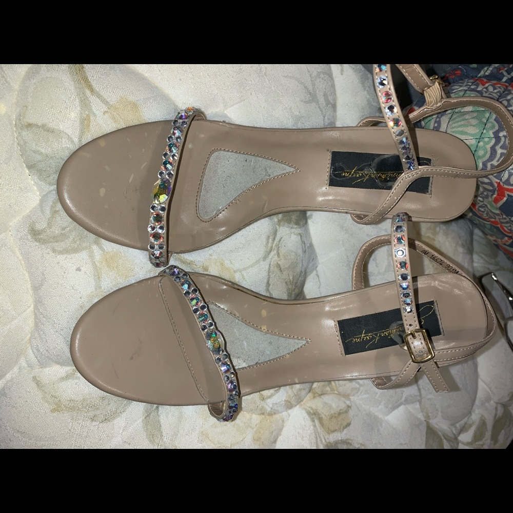 tan heels with iridescent crystals